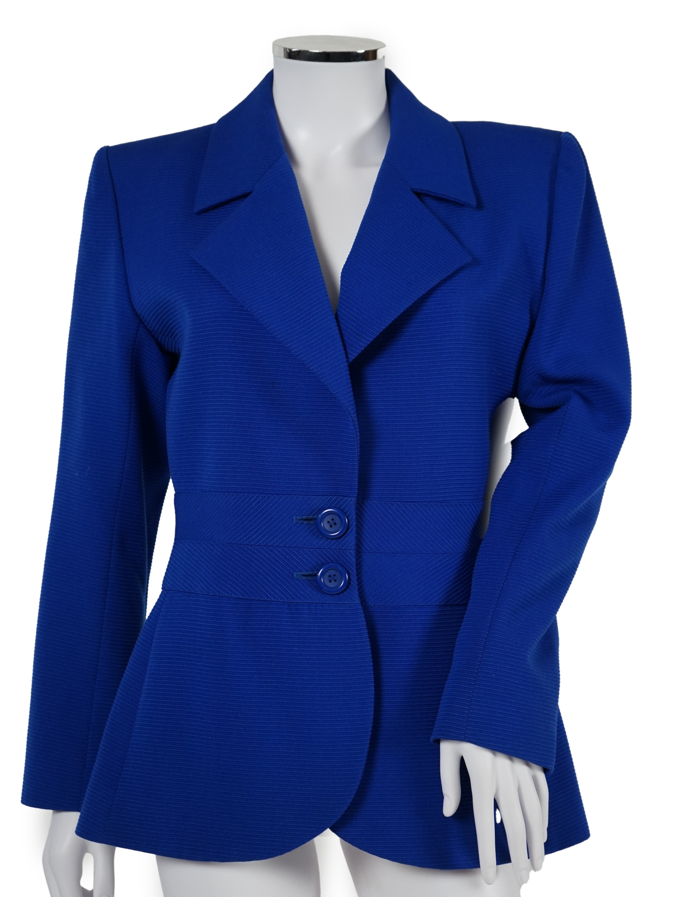 Two vintage Yves Saint Laurent variation lady's wool skirt suits, royal blue and pink. F 40 (UK 12). Please note alterations to make the waist smaller may have been carried out on some of the skirts. Proceeds to Happy Pa